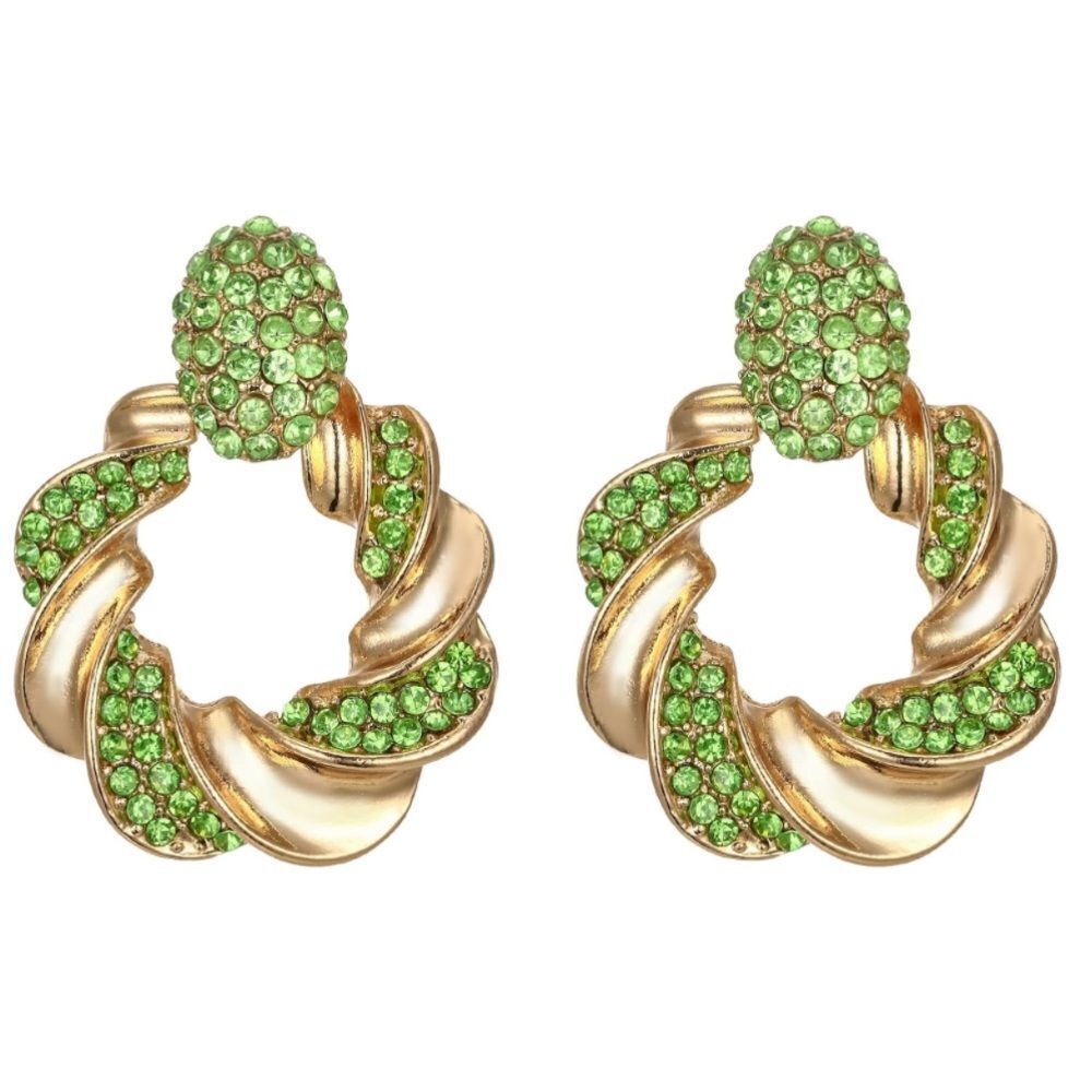 Yellow Gold with Peridot Green Crystal Twisted Round Post Statement Earrings